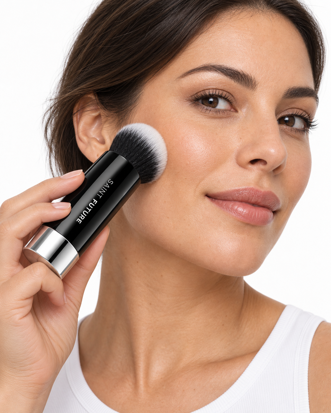 Saint Future F101 foundation brush standing on white, with a dense dual-tone kabuki head and chrome base