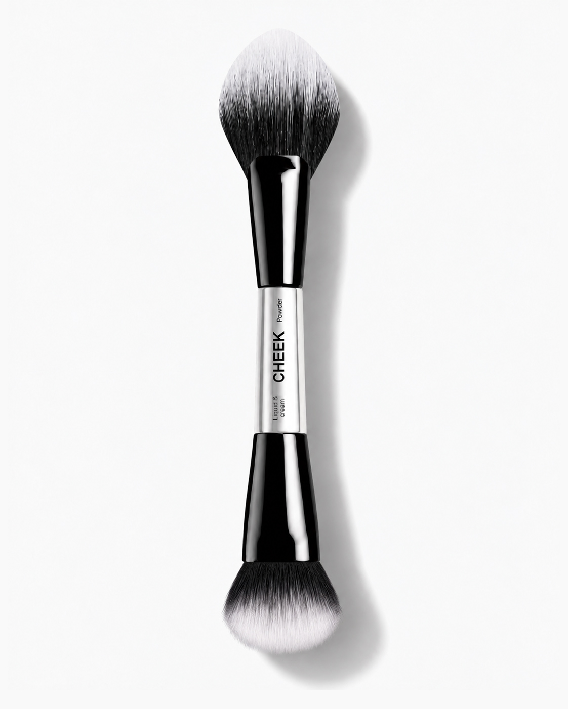 F301 dual-ended blush brush on white, with a powder cheek head and a liquid-and-cream head
