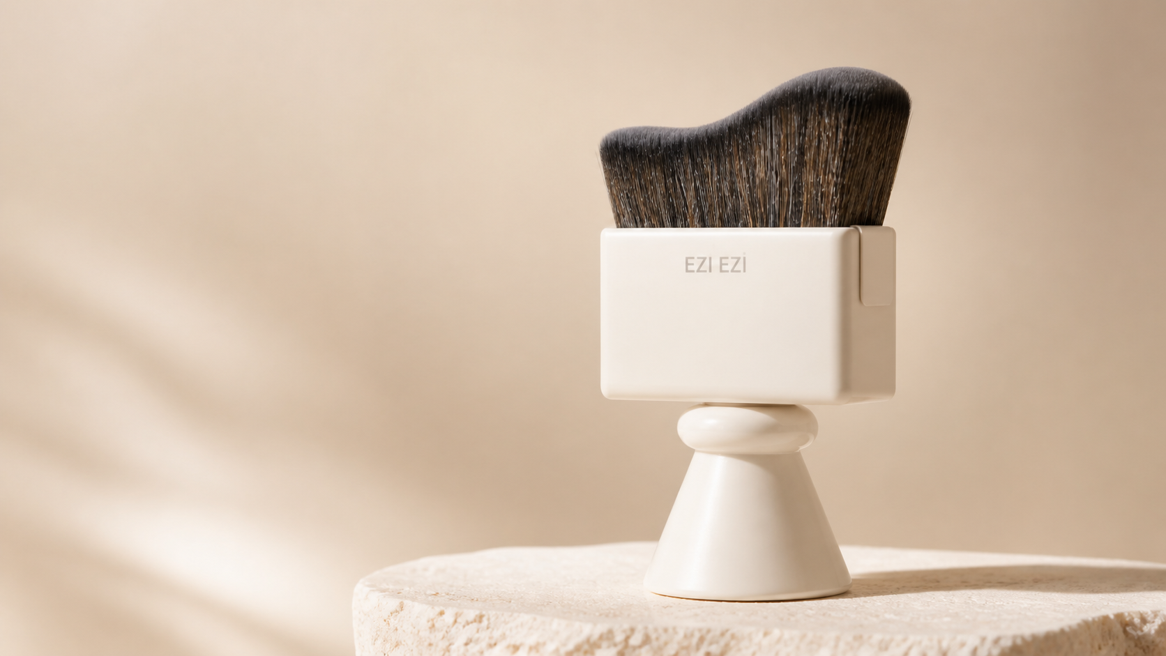 Close studio view of a dense, wave-cut brush head on a sculptural cream housing