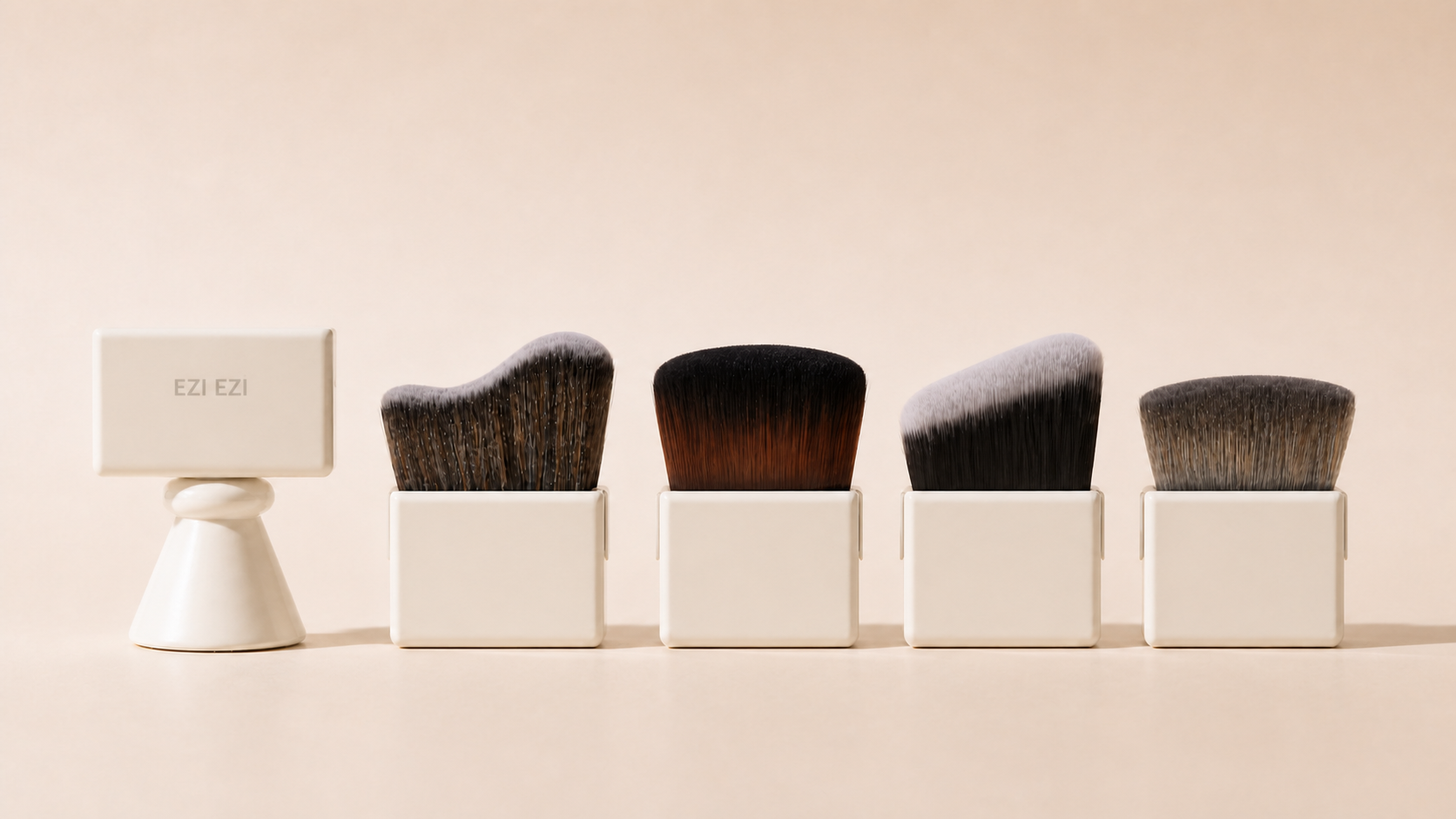 Cream Saint Future Pocket Brush standing on stone, with a wave-cut head on a sculptural handle