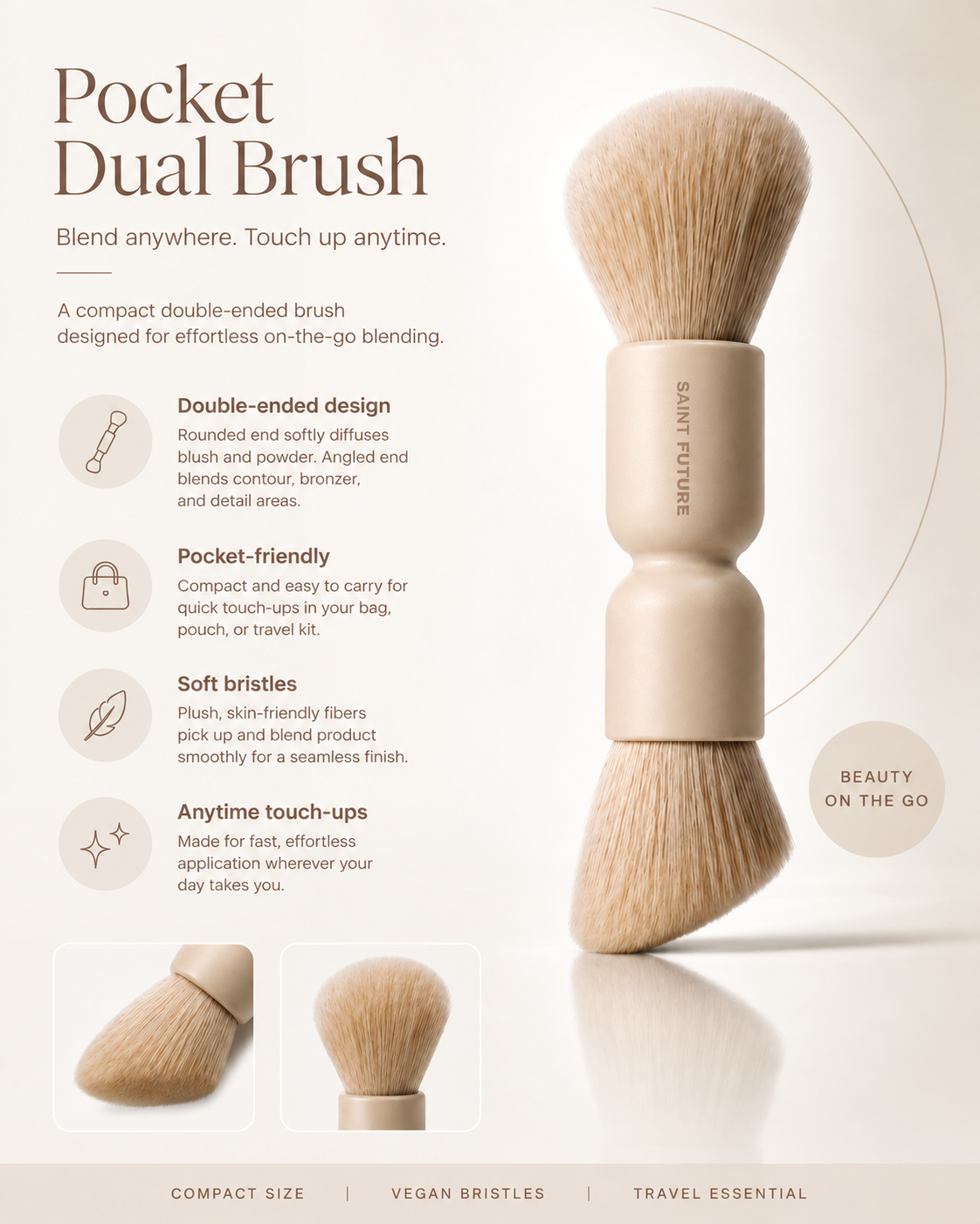 Saint Future Pocket Dual Brush on white, with a round powder head and an angled sculpt head